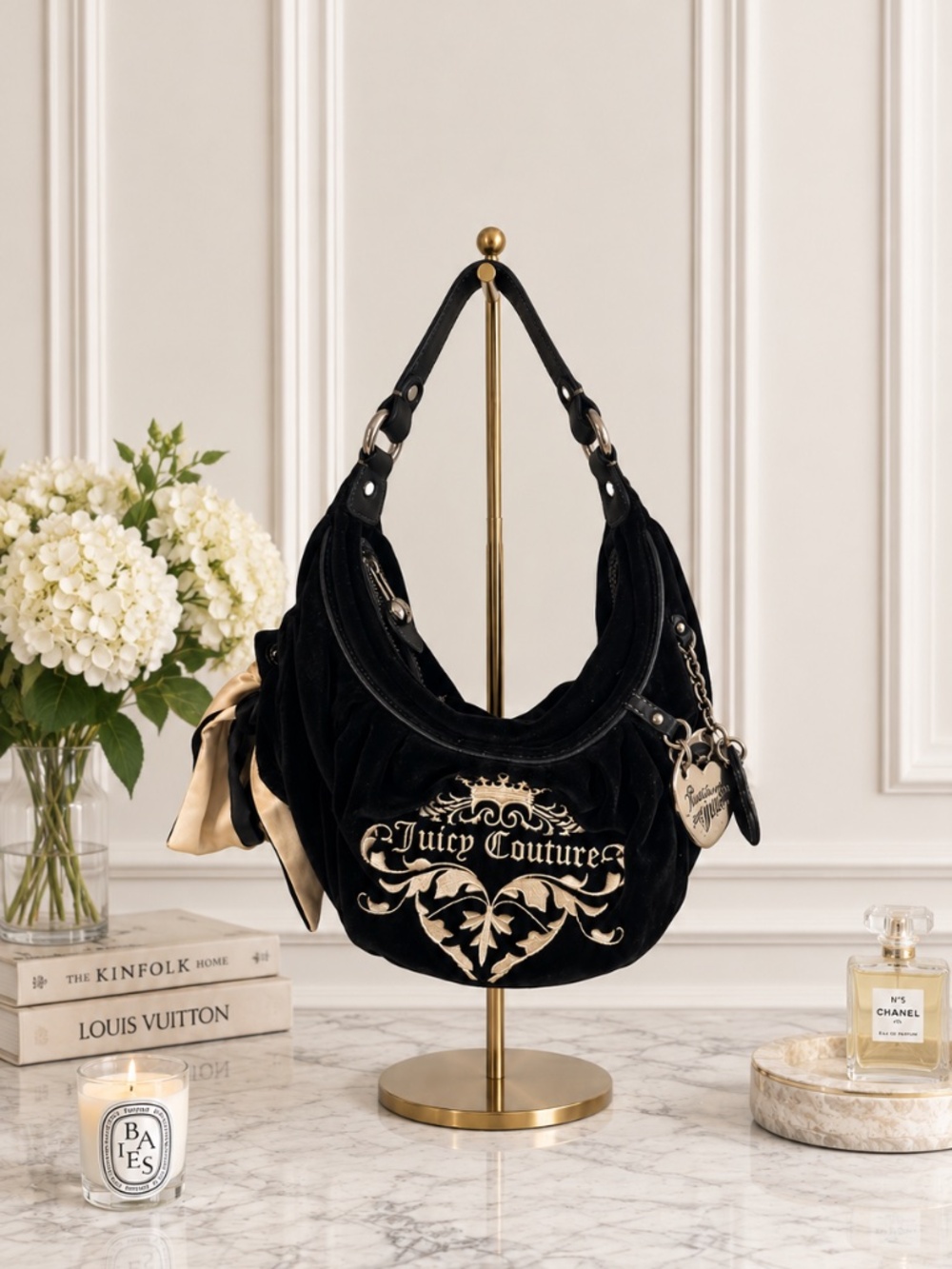 Black Juicy Couture Velour Shoulder Bag with Gold Embroidered Logo